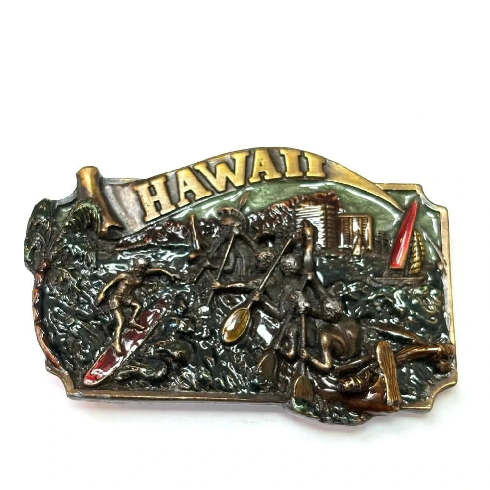 Vintage Arroyo Grande Hawaii Surf Scene Textured 3D Brass & Enamel Belt Buckle